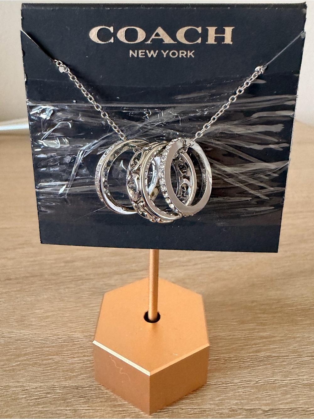Coach Signature Trio Silver Pavé Crystal 3 Ring Pendant Necklace